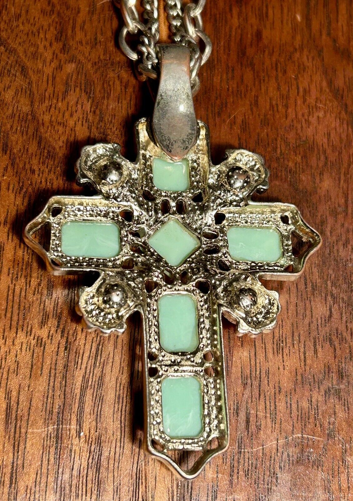 Vintage Cross Pendant Necklace Rhinestone Green P… - image 9