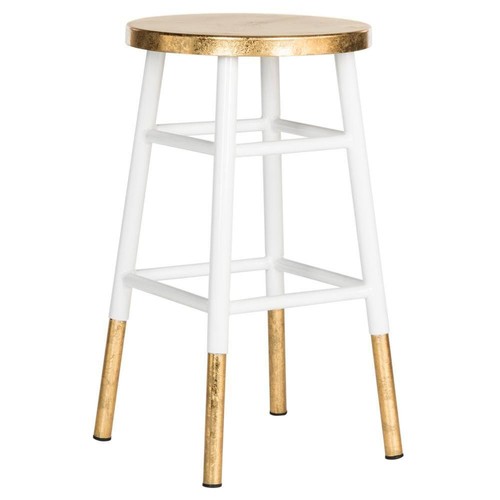 SAFAVIEH Counter Stool 24" Glam Backless Round Metal White/Gold w/ Foot Rest - Picture 2 of 8
