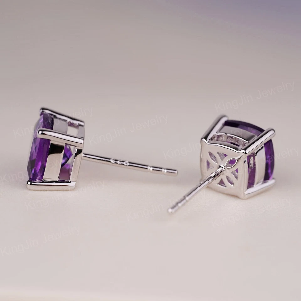 Aretes de diseño de plata de ley 925 con cojín de amatista natural para mujer Foto 4 de 4
