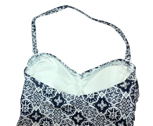 Ladies Size 8 Bikini Top M&S Bandeau With Strap Removable Padding Navy Geo Print - Picture 4 of 4