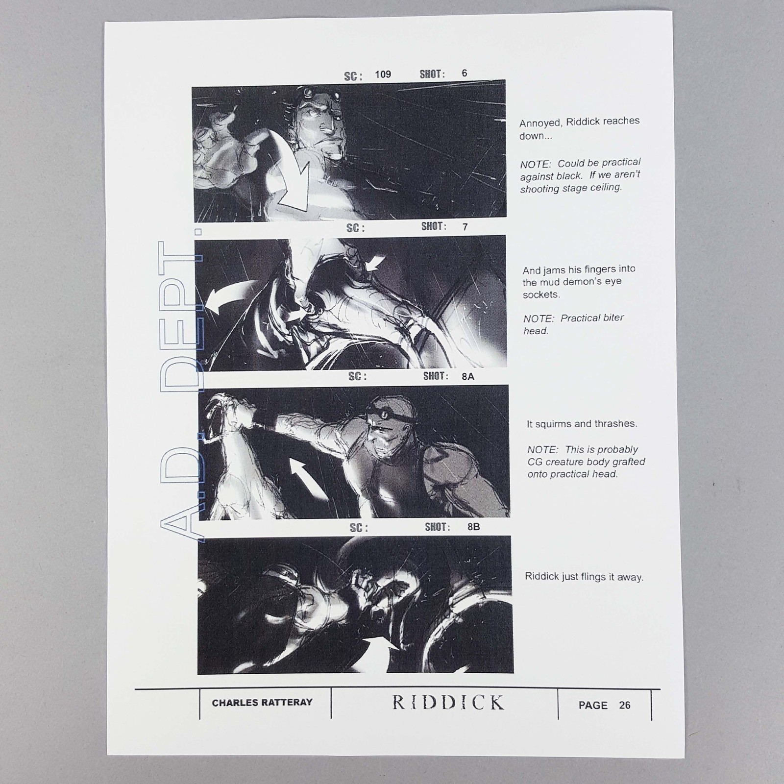 Riddick Production Used Storyboard Mud Demon Fight Scene Vin Diesel Pg 26