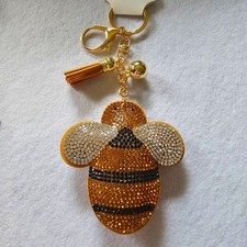 Bee Large Rhinestone Covered Puffy Keychain Or Bag Charm W Tassel