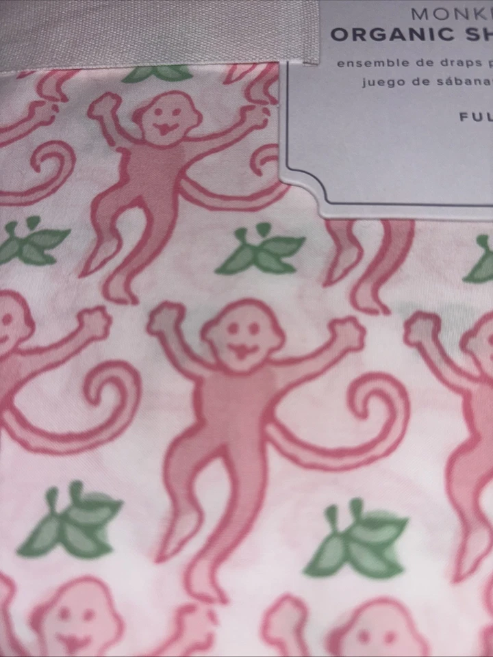 Pottery Barn Kids РОЛИКОВЫЙ КРОЛИК ОБЕЗЬЯНА Розовый Органический Комплект Простыней Полный Новый - Изображение 3 из 4