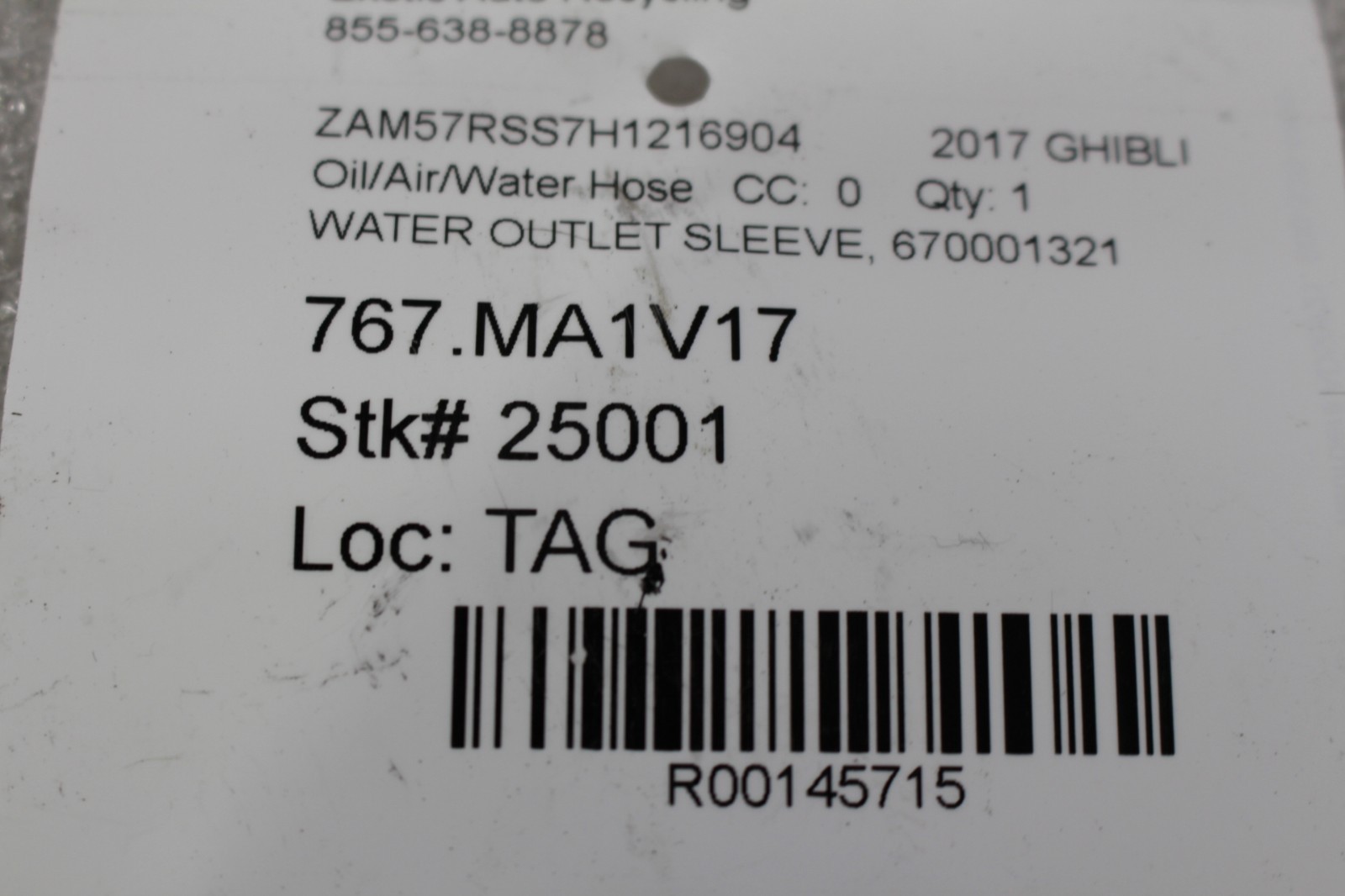 Maserati Quattroporte, Ghibli, Water Hose, Used, P/N 670001321