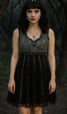 Vtg Womens Small Black Dress Whimsigoth Dark Fairy Flapper Sequin Beaded    Gg