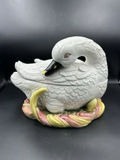 VTG Italian Majolica WHITE SWAN Tureen Complete Orig Set 13" Water Fowl Bird