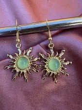 Sun Inspired Drop Earrings Gold Plated With Green Opal