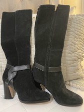 Jimmy Choo Black Suede Leather Knee High Boots Block Heel Strap Zip Almond Toe
