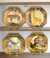 Authenticated Melinda Marye-Kelley Safari Wall Plates 4 Set Vintage 1990s Signed