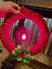 Vintage MCM Red Cellophane Christmas Wreath Light Up with Halo Candle 12"