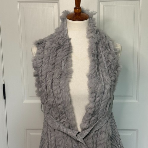 Freeway Waterfall Open Drape Cardigan Sweater Faux Fur Gray Sz Small - Picture 2 of 8