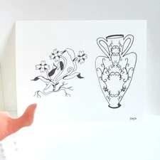 Flower Roots & Amphora Digital Art Print Signed Ink Drawing Floral Vase Nature