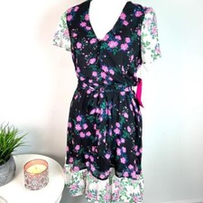 Betsey Johnson Dress Women's Blue Size 4 Floral Print Belted A-Line