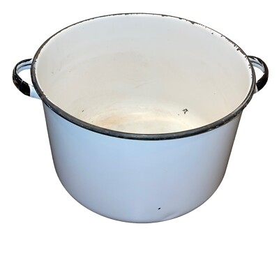 VTG Rustic Enamelware Chamber Pot White Black Trim Large Handles Farmhouse Decor