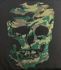 Philipp Plein Rhinestone Skull Crew Neck Long Sleeve Sweater Men Black Green EUC