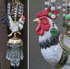 Vintage Rooster Chicken jeweled porcelain Carousel SWAG Lamp Chandelier beaded
