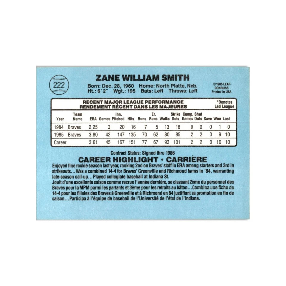 Zane Smith 1986 Leaf #222 Atlanta Braves Baseball Card NM - Image 2 of 3
