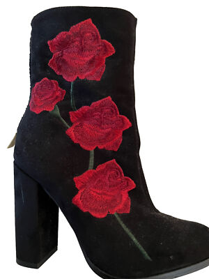 LADIES BOOTS Spanish Flare   Zip Up Boot Black Suede With Red Roses Euro  36