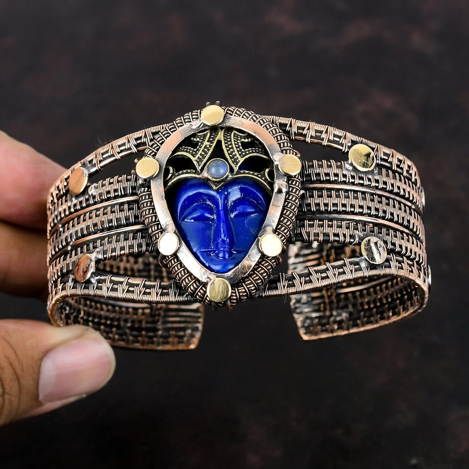 Bracelete ajustável embrulhado com fio de cobre para presente joia facial esculpida azul - Imagem 2 de 4