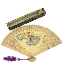Vintage Chinese Wood Hand Fan Folding with Box Perforated Chinese Goddess