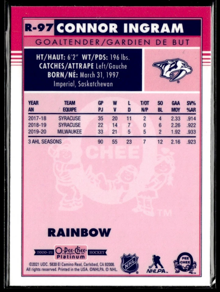 2020-21 O-Pee-Chee Platinum rainbow retro Connor Ingram #R-97 - Image 2 of 2