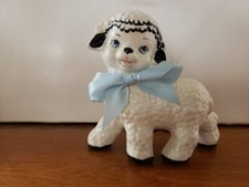 Very Cute Vintage Ceramic Lamb Sheep with Blue Bow, Piggy Coin Bank
