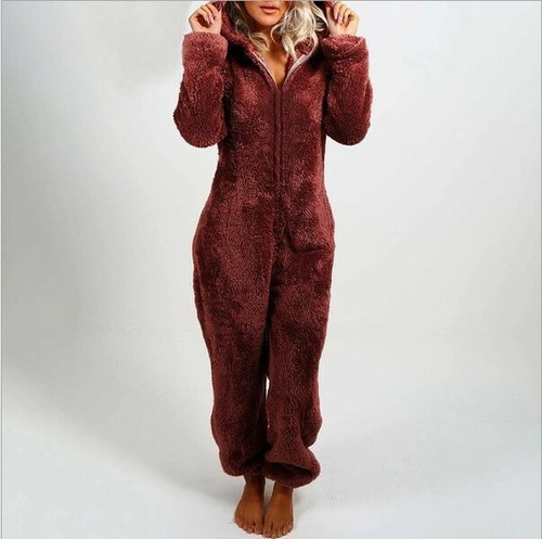 Damen Pyjama Jumpsuit mit Kapuze Winter Warm Teddybär Schlafanzug Plüsch Overall - Bild 17 von 23