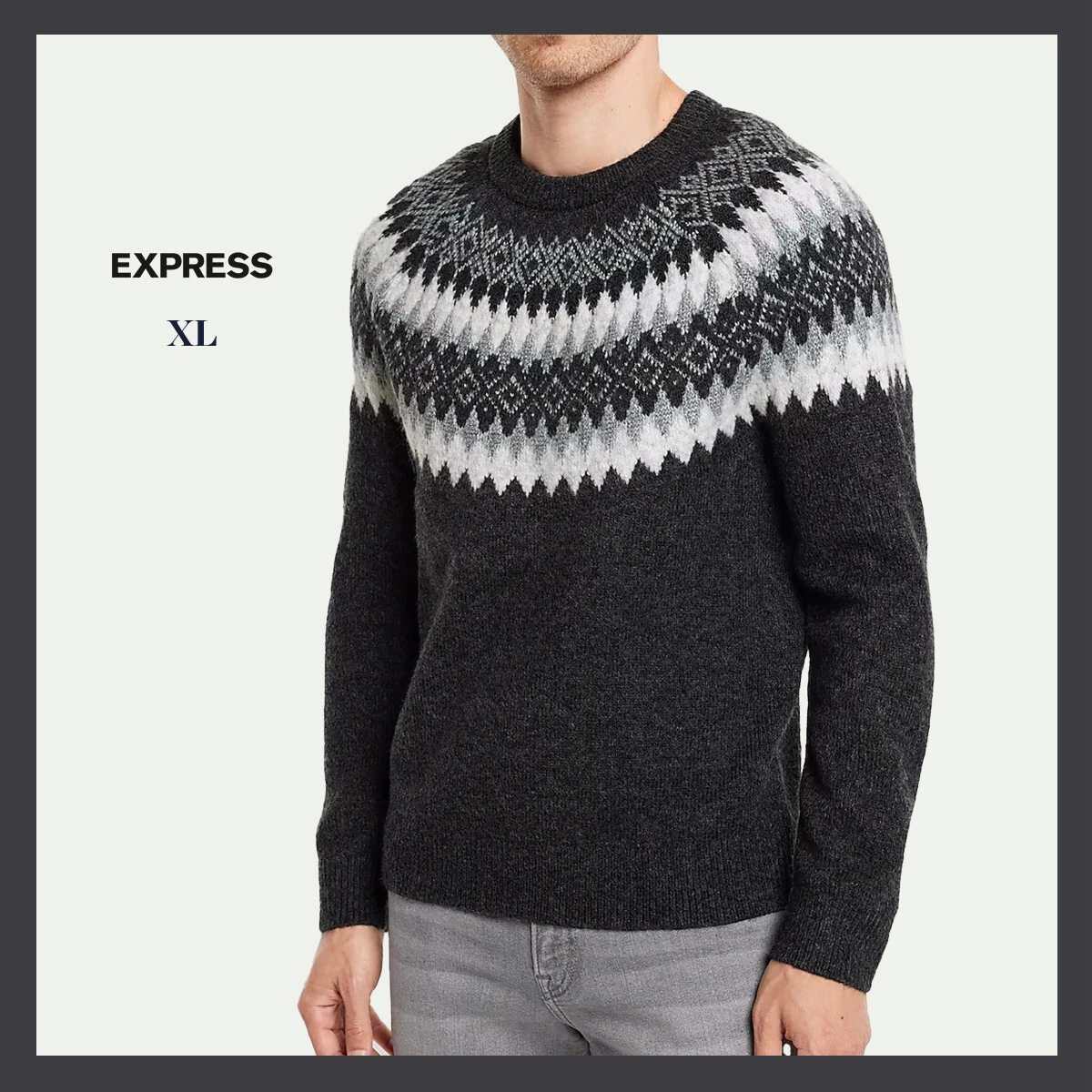 NWT - EXPRESS Men's Gray Fair Isle Wool Blend Crew Neck Sweater, Sz XL - $118