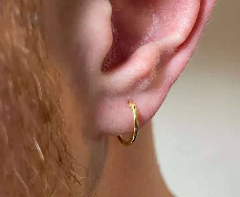 Everyday Wear Thin Solid Metal Men's Hoop Earing 14k Yellow Gold Plated Silver - Image 3 of 4