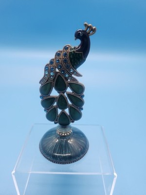 Vintage Peacock Figurine Blue Green Rhinestone Metal Enamel Statue 7 