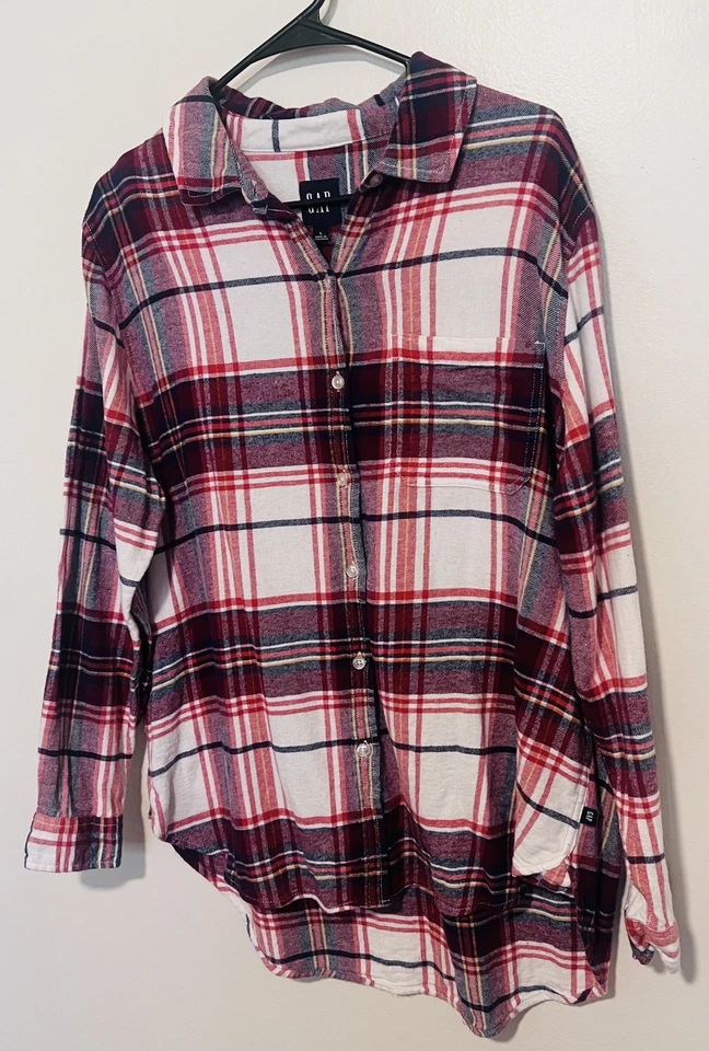 Gap Boyfriend Flannel Button Down Shirt Women’s Large Red Tan Plaid Relaxed LS - Image 3 of 4