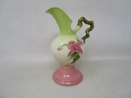 Hull Woodland Pottery W6 - 6 1/2 Pink and  Green Ewer Pitcher