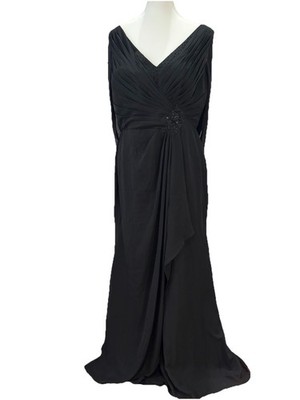 A-Line Floor Length Chiffon Black Dress Infinity Sleeves Beaded Size 