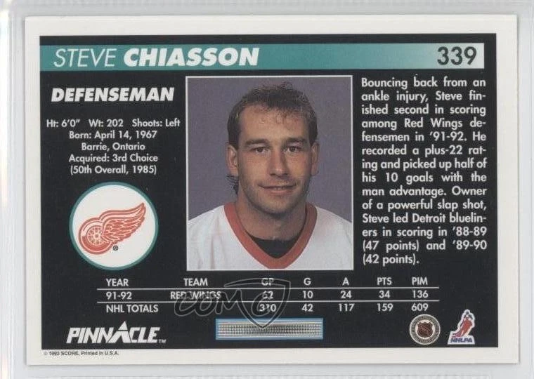 1992-93 Pinnacle Steve Chiasson #339 - Image 2 of 2