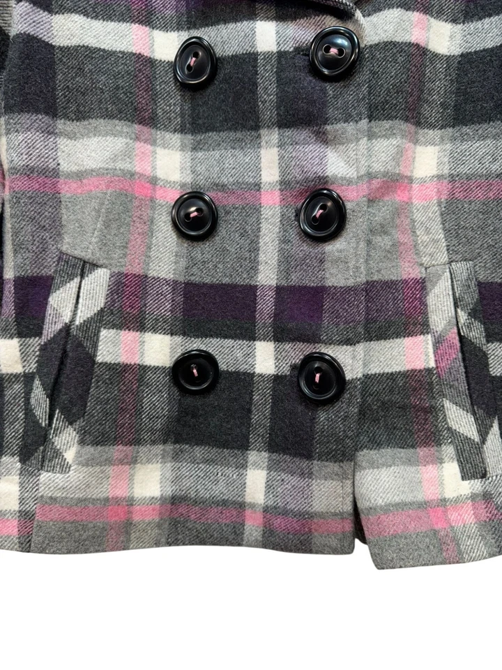 Chaqueta chaquetón Cabi para mujer Preppy Academia a cuadros mezcla de lana talla 0 gris rosa Foto 3 de 4