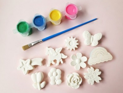 Plaster Figures Paint Kit Kids Activity Set 10 Pc Unicorn Rainbow Star Flowers