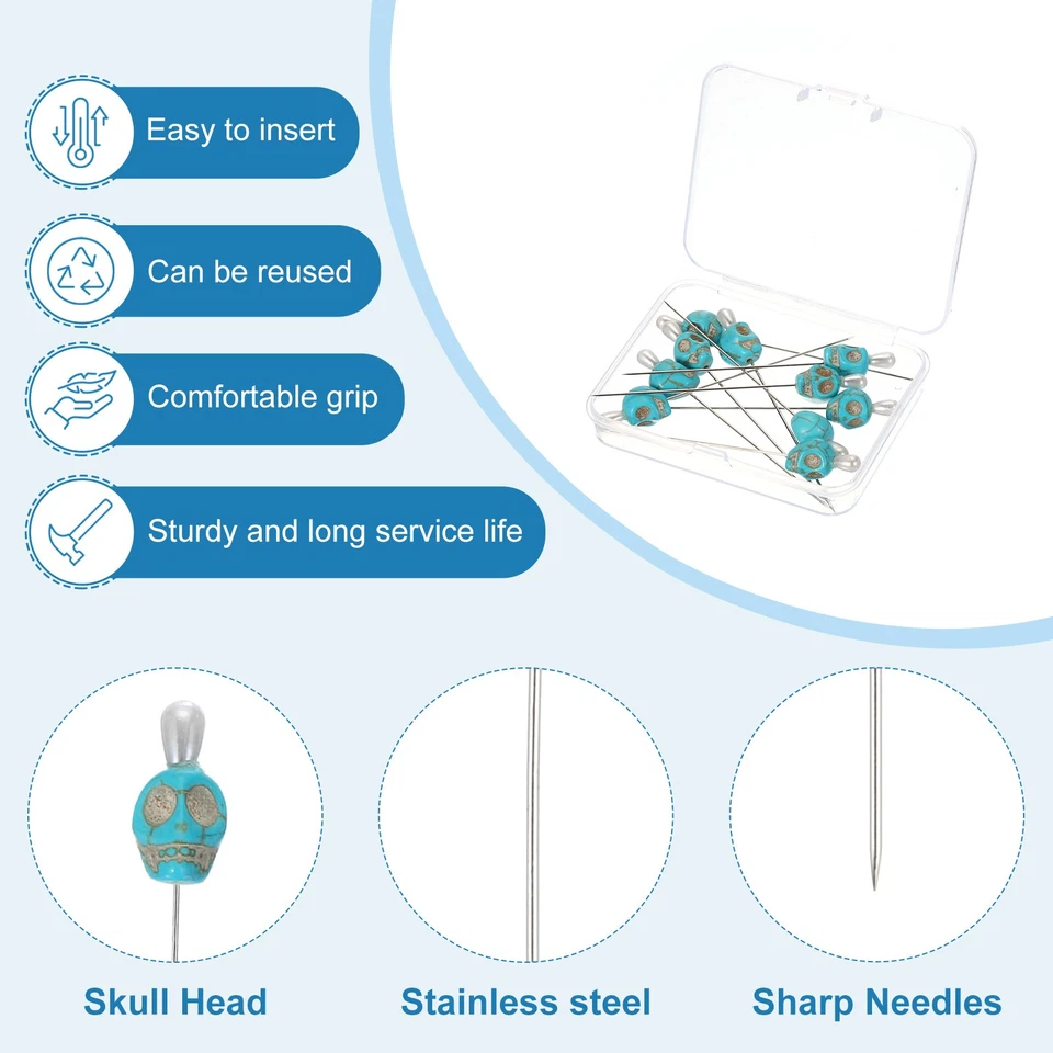 Alfileres de coser calavera de 3", 8 piezas alfileres rectos de acero, azul Foto 3 de 4