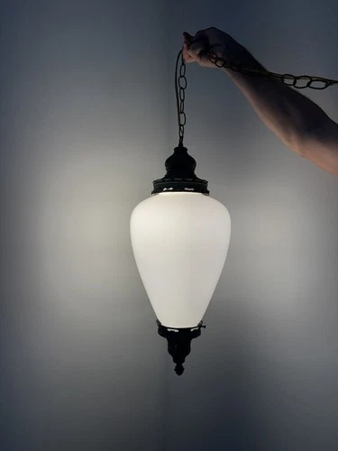 Vintage Regency Milk Glass Hanging Swag Light Lamp MCM Pendant white & Bronze