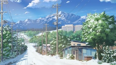 Anime scenery town mountain top snow power lines road Play Gaming Mat Desk Game