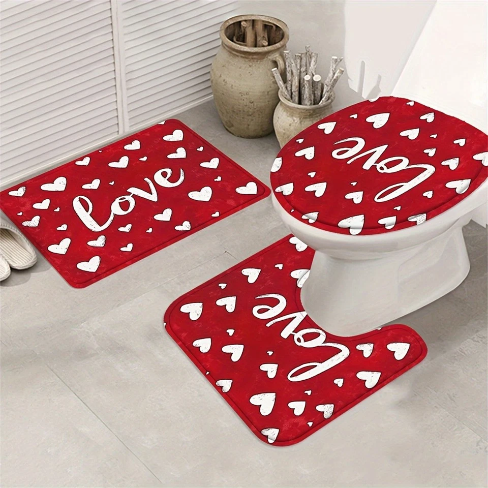Romantic Love Heart Shower Curtain Bath Mat Bathroom Rugs Toilet Lid Cover Decor - Image 3 of 4