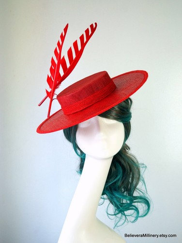Red Sinamay Straw Boater Hat Wedding 