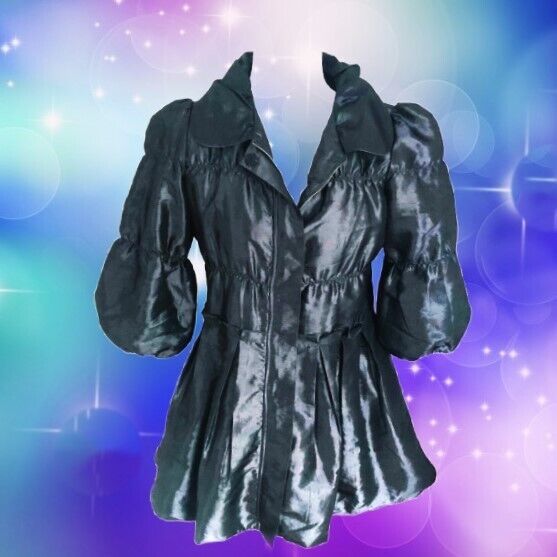 Glamourous Black Pleated 3/4 Puffy Sleeves Zip-up Coat Dresscoat Size M