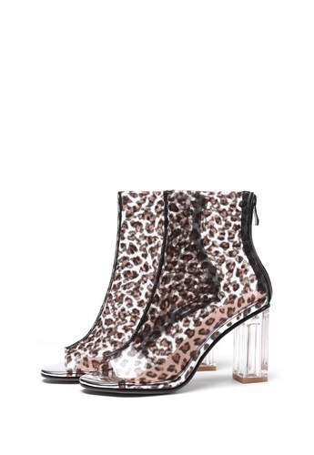 Women Leopard Print Open Toe Ankle Boot Sandal Clear Transparent High Block Heel - Picture 9 of 19