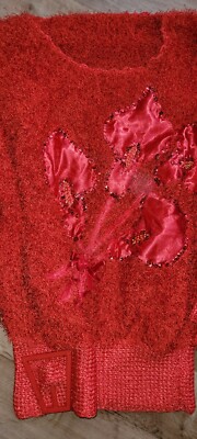 Roter Damenpullover elegant GrM mit Applikationen breiten Bündchen gebraucht