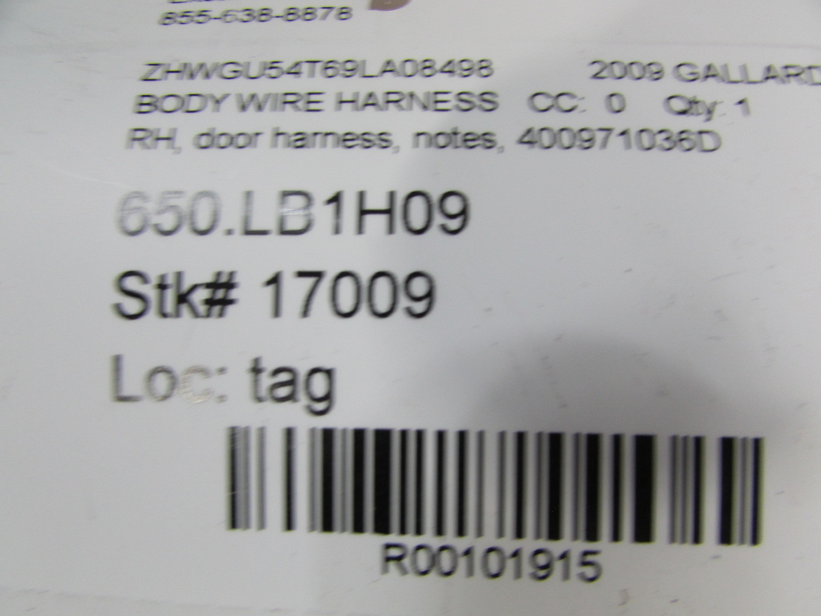 Lamborghini Gallardo, RH, Right Door Wire Harness, Used, P/N 400971036D