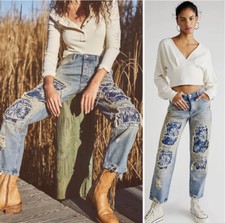 Free People Desert Rose Jeans High Rise Straight Leg Embroidered Floral Patch 26