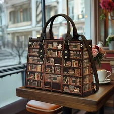 Personalized Bookshelf Leather Handbag, Love Reading Books Leather Handbag