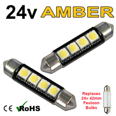 2 x Amber 24v 42mm Festoon Interior Plate Light 264 4 SMD C10W Bulbs HGV Truck