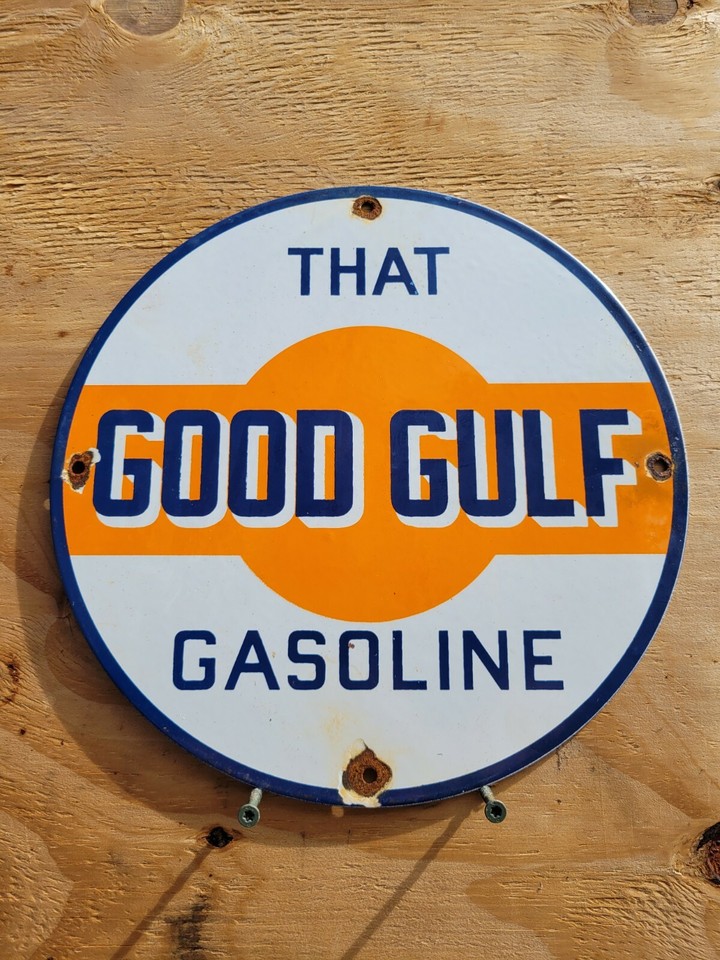VINTAGE GOOD GULF PORCELAIN SIGN OLD GASOLINE GAS PUMP PLATE MOTOR OIL ...