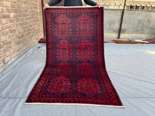 Antique Afghan Baluchi Rug 3'6x6'5 Hand-Knotted Qalamdani Design Tribal Wool Rug